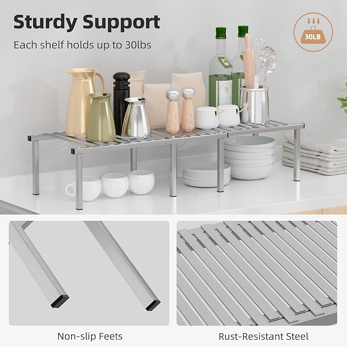 STORAGE MANIAC Set of 4 Expandable Kitchen Cabinet Organizer Shelf Kitchen Counter Shelves Spice Rack Kitchens Storage Wire Shelf Adjustable Metal Pantry Storage for Plate Dish, Grey