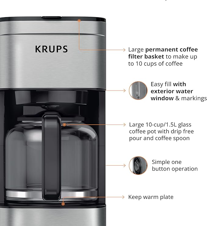 KRUPS Coffee Maker 10 Cups Simply Brew Stainless Steel Drip Coffee Maker, 900 Watts Coffee Filter, Drip Free, Dishwasher Safe Pot , Black & Silver