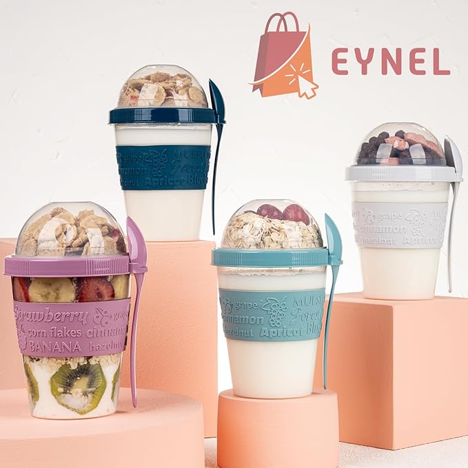 4 Pack Breakfast On The Go Yogurt Parfait Cups, Reusable Plastic Containers with Lids and Spoons, Perfect Jars for Overnight Oats Cereal Granola Oatmeal Smoothies and Snack Prep