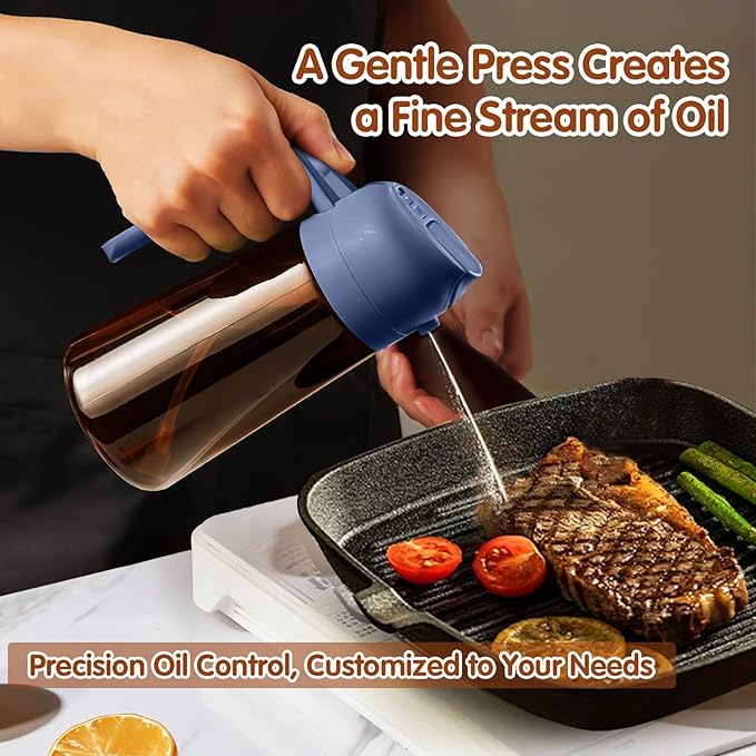 YARRAMATE 2Pcs 16oz/470ml Dark Brown Oil Sprayer for Cooking with Stickers, Food-grade Premium 2 in 1 Olive Oil Dispenser Bottle for Kitchen Gadgets, Air Fryer, Salad, Frying, BBQ (Black&Navy)