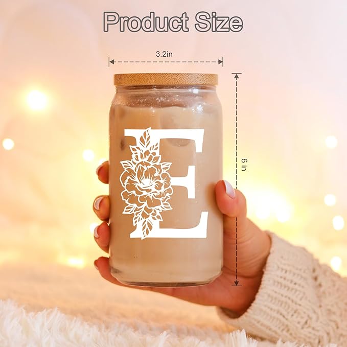 Coolife Initial Glass Cup, Monogrammed Gifts for Women, 16 oz Glass Cups w/Lids Straws, Iced Coffee Smoothie Beer Tumbler w/Straw Lid - Personalized Christmas, Birthday Gifts for Her Mom Friend Woman