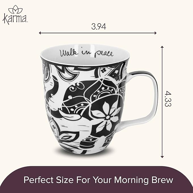 Karma Ceramic Black and White Boho Mug, 1 Count (Pack of 1), Elephant , 16 oz