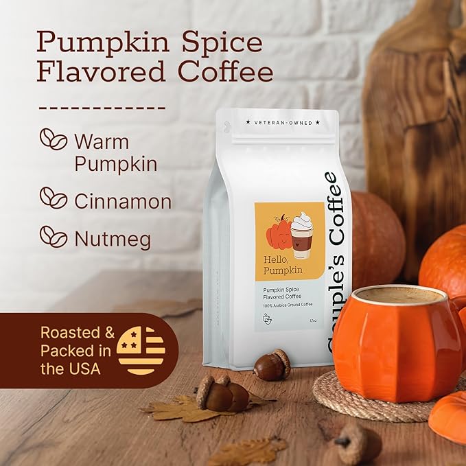 Couple’s Coffee Flavored Ground Coffee | Medium Roast Pumpkin Spice Fall Coffee | Gives Back to Military Families | Hello Pumpkin | Made with 100% Arabica Beans | 12oz bag