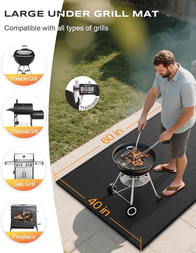 Non-Curl 60x40 inch Under Grill Mats for Outdoor Grill, Double-Sided Fireproof, Oilproof & Waterproof BBQ Grill Mat, Easy to Clean, Indoor Fire Pit Fireplace Mat, Perfect for Deck/Patio/Lawn