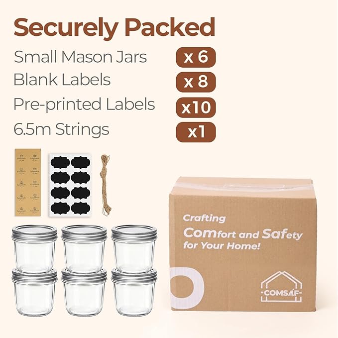 ComSaf Wide Mouth 8 oz Mason Jars with Lids, 6 Pcs Small Mason Containers, Canning Jars, 8oz Glass Jar with Lid, Canning Jars for Jams, Jelly, Sauces, Desserts, chia pudding, Pickle, Gift