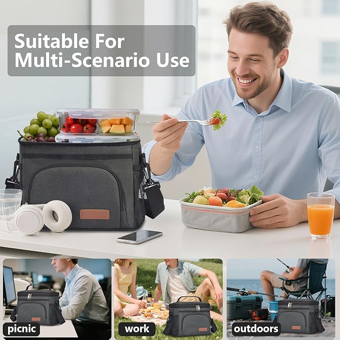 ExtraCharm Insulated Lunch Bag for Women/Men - Reusable Lunch Box for Office Picnic Hiking Beach - Leakproof Cooler Tote Bag Organizer with Adjustable Shoulder Strap for Adults - Black