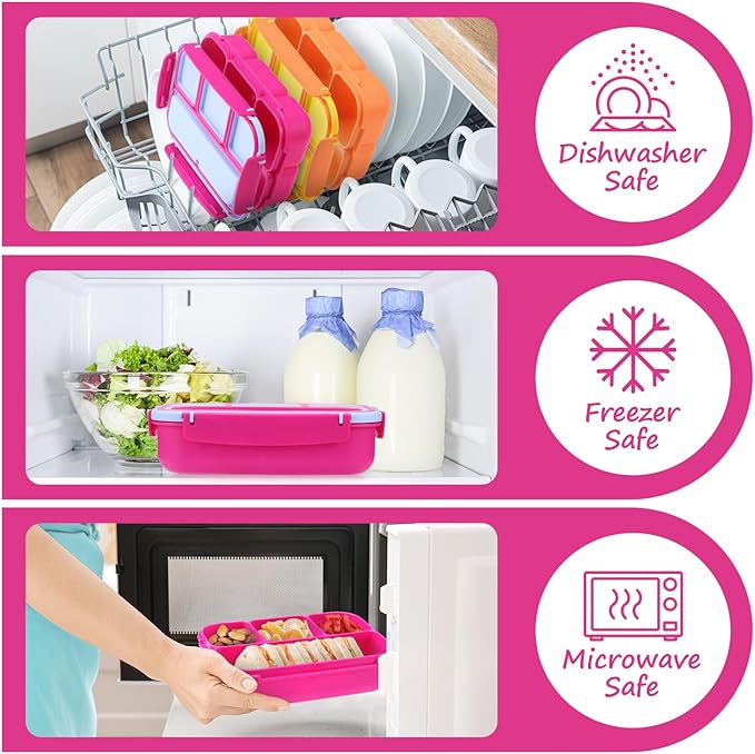 QQKO Bento Box for Kids Adults, School Toddler Lunch Box for Boys Girls, Lunch Box Containers with 4 Compartments, Sauce Container, Utensils, Food Picks and Muffin Cups for School, Pink Blue