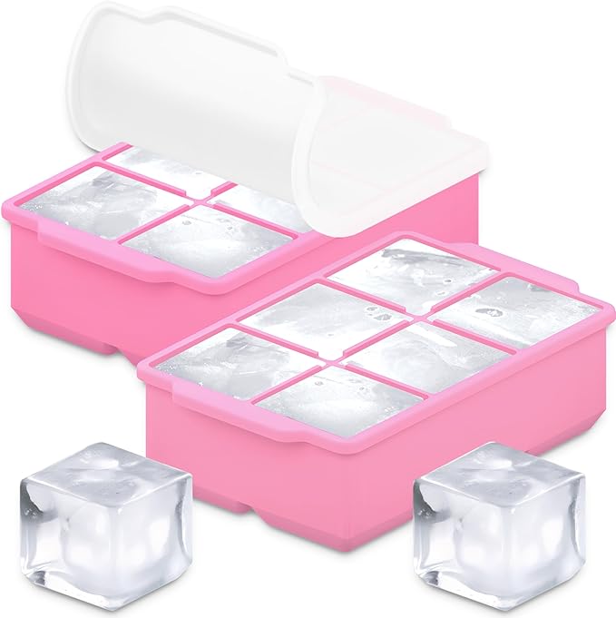 KitchFort Large Silicone Ice Cube Tray (2-Pack), Easy Release 2" Big Ice Cubes - Cocktail, Whiskey Ice Cubes Mold - Ice Trays for Freezer with Lid - Stackable Silicone Ice Tray - Pink