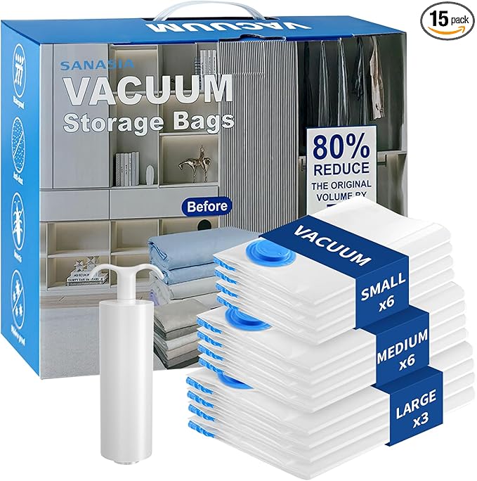Travel Vacuum Storage Bags with hand Pump,15 Pack Compression Bags for Clothes, Space Saver for Luggage & Carry-on Suitcase, Leak-Proof