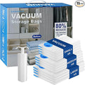 Travel Vacuum Storage Bags with hand Pump,15 Pack Compression Bags for Clothes, Space Saver for Luggage & Carry-on Suitcase, Leak-Proof