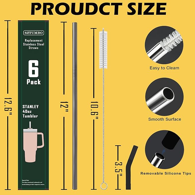 6 PCS Metal Stainless Steel Reusable Straight Straw,with 6Silicone Tips and 2Cleaning Brush,for 40oz Stanley, Hydrapeak, Owala Tumbler,Simple Modern 32 40oz Tumbler(8mm Black)