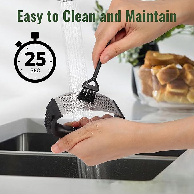 Garlic Press Rocker, Stainless Steel Garlic Mincer and Garlic Crusher, Easy-Squeeze Garlic Tool with Peeler and Cleaning Brush for Smashing Garlic