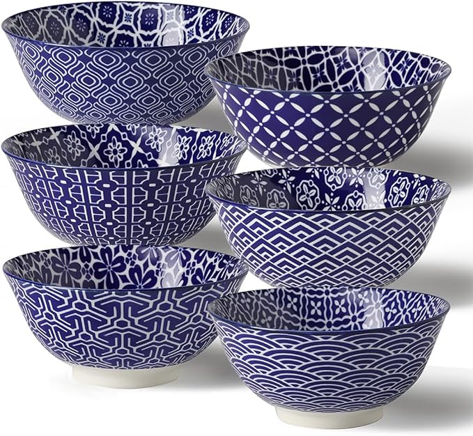 Ceramic Cereal Bowls, 23 Oz Blue and White Bowls, Porcelain Soup Bowl Set for Salad, Dessert, Pasta, Ice Cream,Set of 6