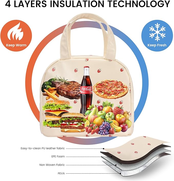 Lunch Bag for Women Men Cute Leather Lunch Tote Bags Reusable Insulated Lunch Box Large Capacity Reusable Insulated Cooler for Work Picnic or Travel