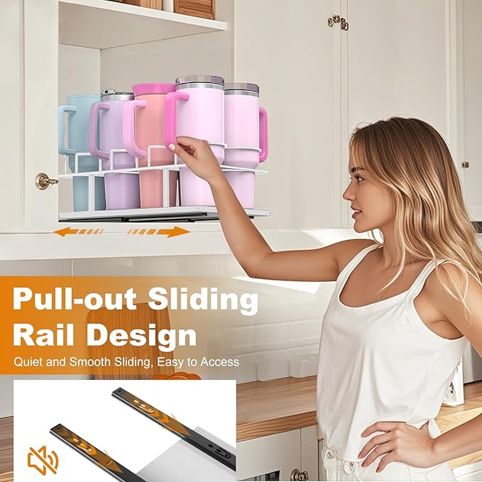 Housolution Pull Out Water Bottle Organizer for Cabinet, Slide Out Tumbler Storage Organizer for 10 to 40 oz Cups, Sliding Cup Holder Rack Compatible with Stanley, Owala and Other Brands, White