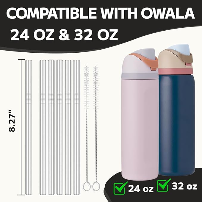 MIMORE Metal Straw for Owala 24 oz 32 oz - 6 PCS Satinless Steel Straws Compatible with Owala Straw Replacement - Resuable & Dishwasher Safe