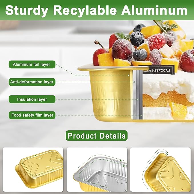 20 Pack 5LB Gold Aluminum Foil Pans with Lids Heavy Duty 11"×8"×2" Foil Food Containers with Lids, Tin Foil Pans for Baking, Meal Prep, Freezer, Heating and Takeout