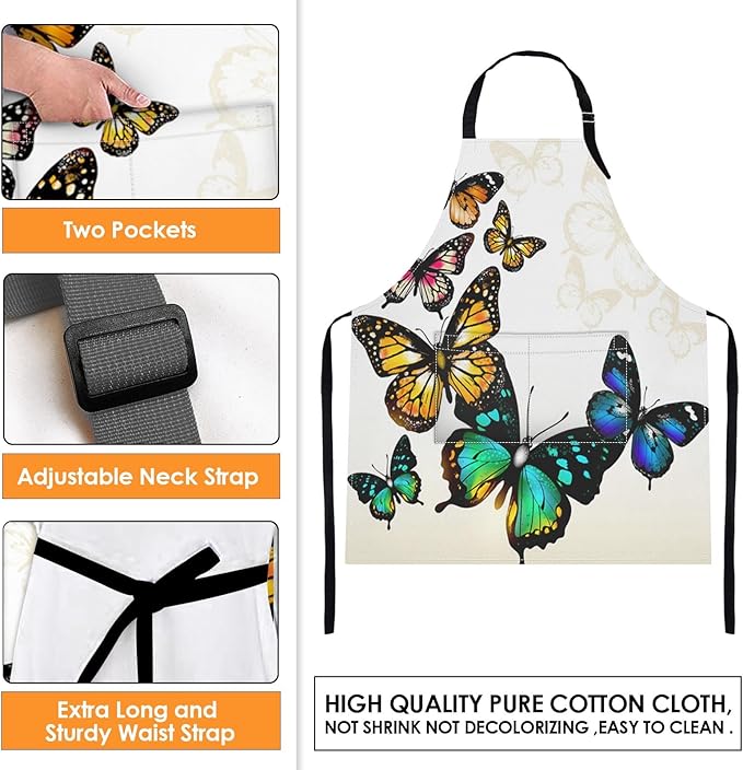 Britimes Watercolor Butterfly Animal Blossom Apron Home Kitchen Cooking Baking Gardening for Women Men with Pockets 32x28 inch