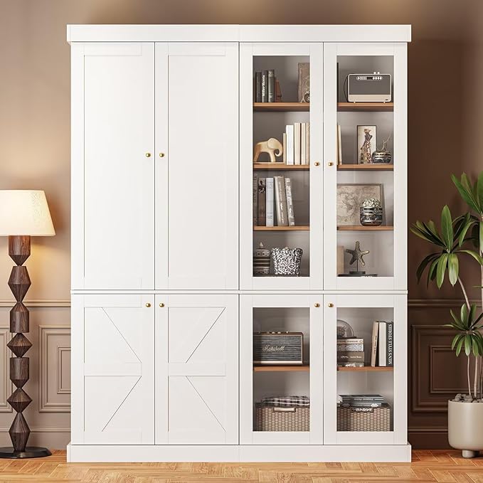 70.8" Tall Farmhouse Bookshelf, Modular Bookcase with Glass Doors, 6-Tier Adjustable Shelves, Large Storage Cabinet for Kitchen, Living Room, White, Set of 4