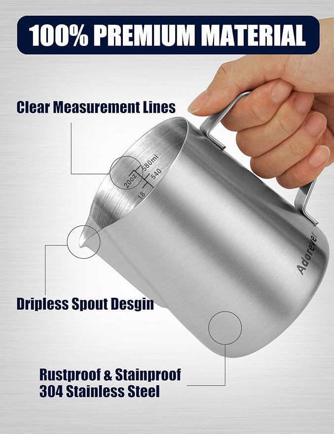 Milk Frothing Pitcher, 20oz Stainless Steel Milk Frother Cup Steaming Pitcher, Cappuccino Espresso Accessories Coffee Bar Barista Tools, Metal Steamer Cup Milk Jug with Latte Art Pen, Matte Steel