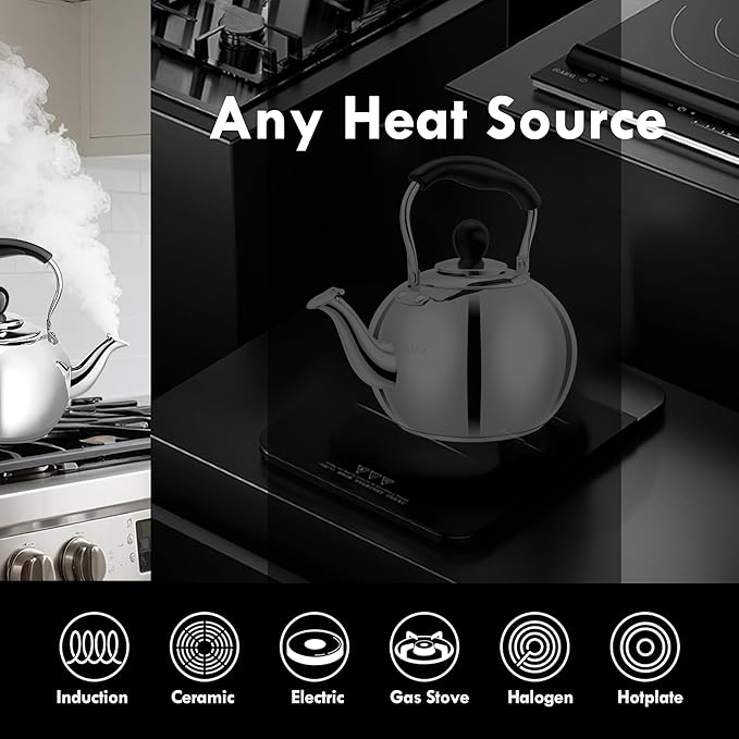 Dclobtop Whistling Tea Kettle Stovetop - 2.3 Quart Round Tea Pot for Stovetop, Silver Mirror Polished Classic Stovetop Kettle, Food Grade Material Teapot for Stove Top