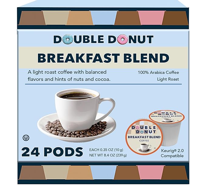Double Donut Coffee Breakfast Blend Fresh Medium Roast Coffee SingleServe Pods for Keurig K Cup Brewer Machines 24 Capsules per Box