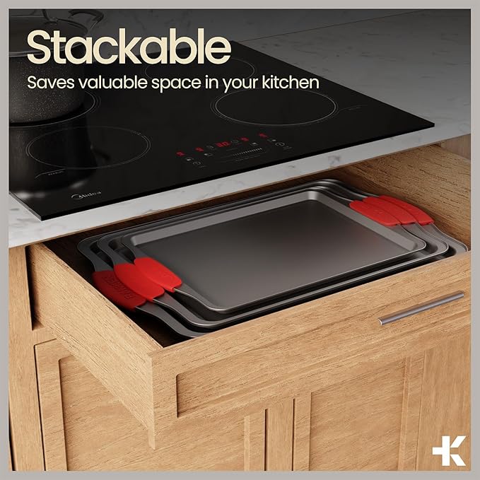 BAKKEN Cookie Sheets for Baking Nonstick Set - 3-Piece Stackable Carbon Steel Baking Sheet Pans Set with Silicone Handles, Non Toxic Cookie Sheets for Baking Bakeware Set - Gray Marble