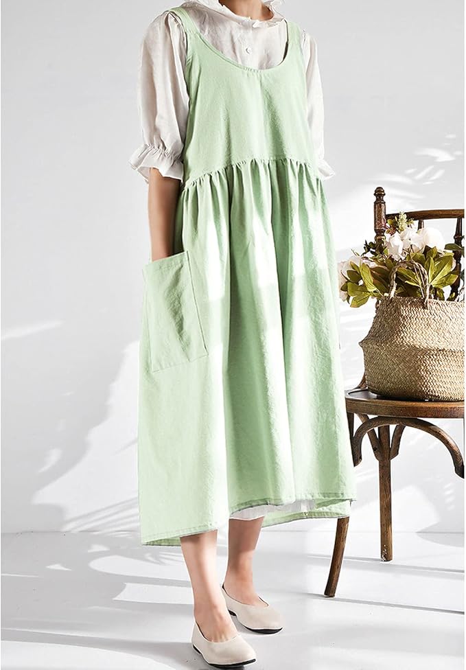 Uaussi Cotton Linen Apron Cross Back Work Apron for Women with Pockets Pinafore Dress X Cross Halter Apron for Chef Gardening