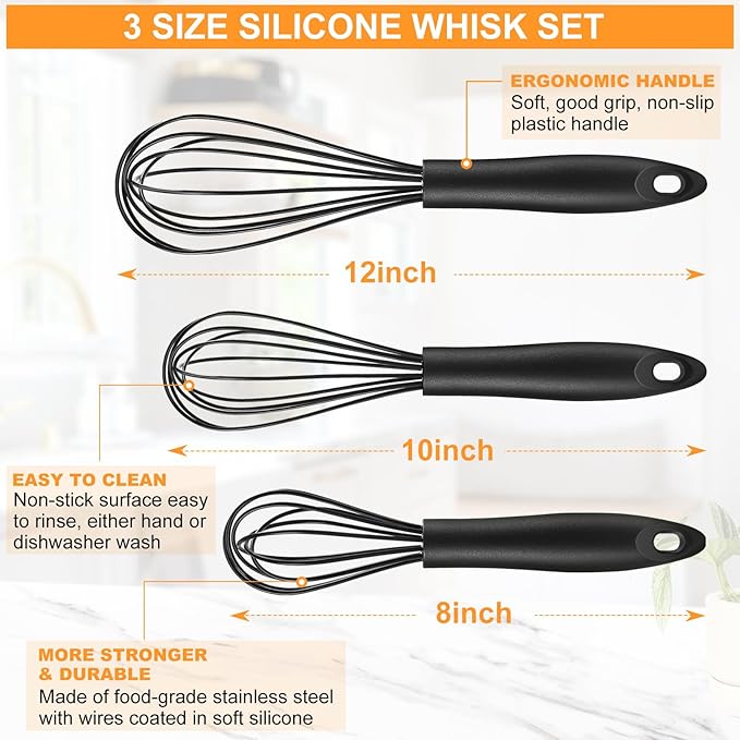 Silicone Whisk,Heat Resistant Non Scratch Whisks Set of 3,Stainless Steel & Silicone Wisk for Cooking,Kitchen Whisk For Nonstick Cookware,Balloon Egg Whisk Perfect for Blending,Beating,Frothing-Black