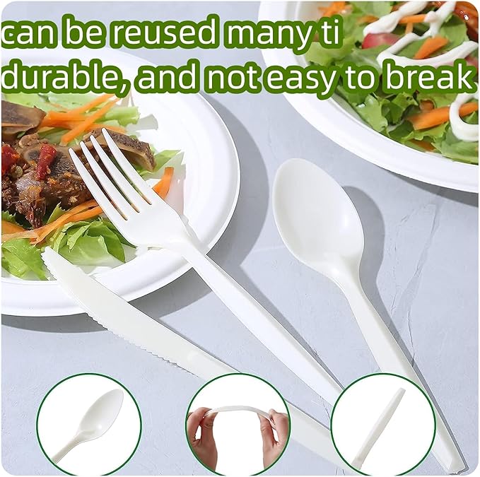 150PCS compostable utensils set Eco-friendly Heavy Duty Utensils (50 Forks, 50 Spoons, 50 Knives) Compostable Cutlery Set Biodegradable Utensils disposable silverware for party BBQ, Picnic Daily Use