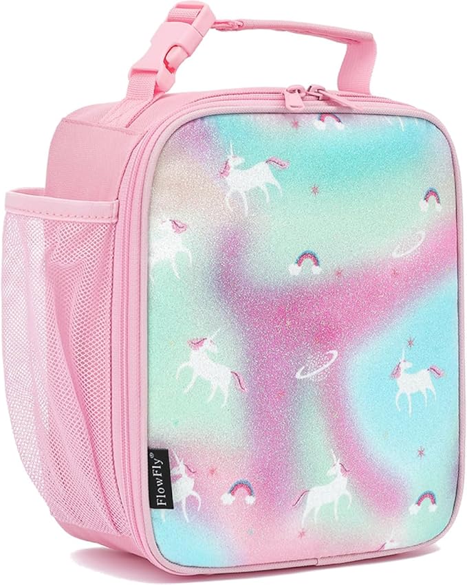 FlowFly Kids Lunch box Insulated Soft Bag Mini Cooler Back to School Thermal Meal Tote Kit for Girls, Boys, Glitter-Unicorn