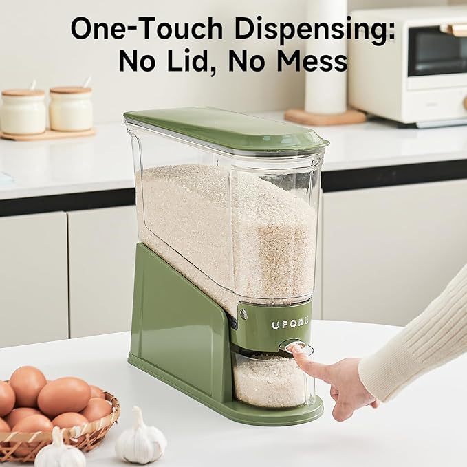 Rice Dispenser 22Lbs, Slim Rice Storage Container for Small Space, BPA-Free Clear Dry Food Dispenser Sealed Moisture Proof, Grain&Cereal Storage Bucket for Kitchen Pantry Household,Green