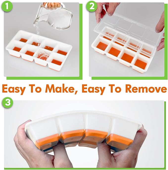 Large Ice Cube Trays with Lid, Jrisbo 2 Pack Stackable Silicone Ice Cube Molds for Freezer, Easy Release 16 Big Square Ice Trays for Whisky Cocktails (Orange)