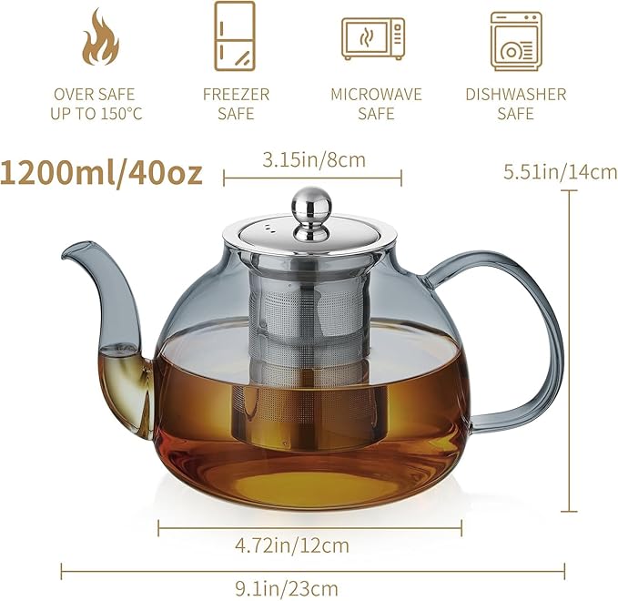 40OZ (1200ML) Glass Teapot with Infuser Stovetop Safe, Clear Glass Tea Pot Kettle, Borosilicate Tea Pot with Infusers Filter for Loose Tea, Tea Kettle Dishwasher Safe (Black)