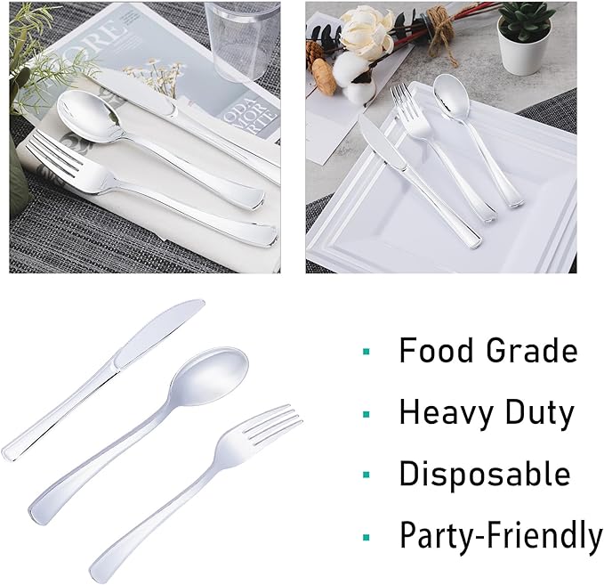 N9R 200PCS Silver Plastic Silverware Disposable Silver Plastic Silverware Cutlery Set, 100 Forks, 50 Spoons, 50 Knives for Party, Birthday, Wedding