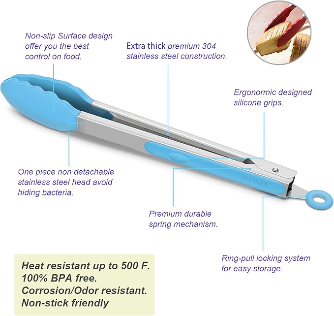 4 Pack Blue Kitchen Tongs, Premium Silicone BPA Free Non-Stick Stainless Steel BBQ Cooking Grilling Locking Food Tongs, 9-Inch & 12-Inch