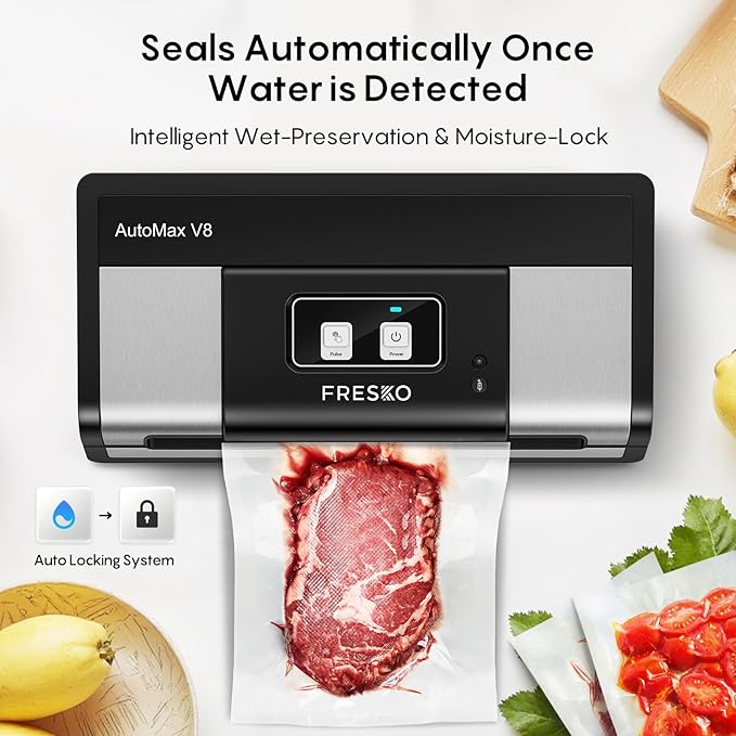 FRESKO Automatic Vacuum Sealer, Powerful Food Vacuum Sealer Machine, Auto Dry-Wet Detection, Bag Cutter, 2 Rolls Bags, Effortless Operation, Starter Kit