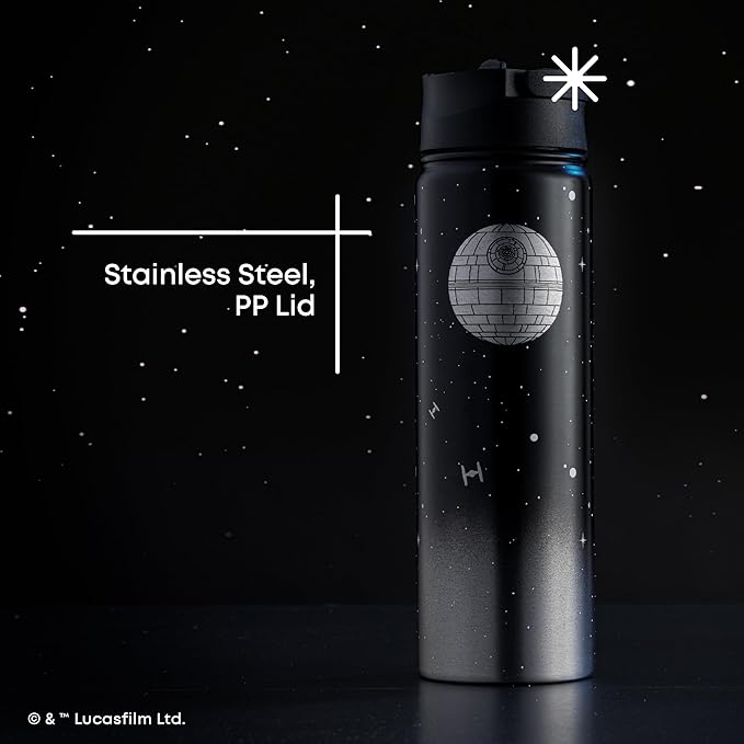 JoyJolt Stainless Steel 22 oz Star Wars Water Bottle with Straw Lid, BPA-Free Sports and Travel Vacuum Insulated Water Bottle, Destination Collection Death Star Bottle, Star Wars Gifts
