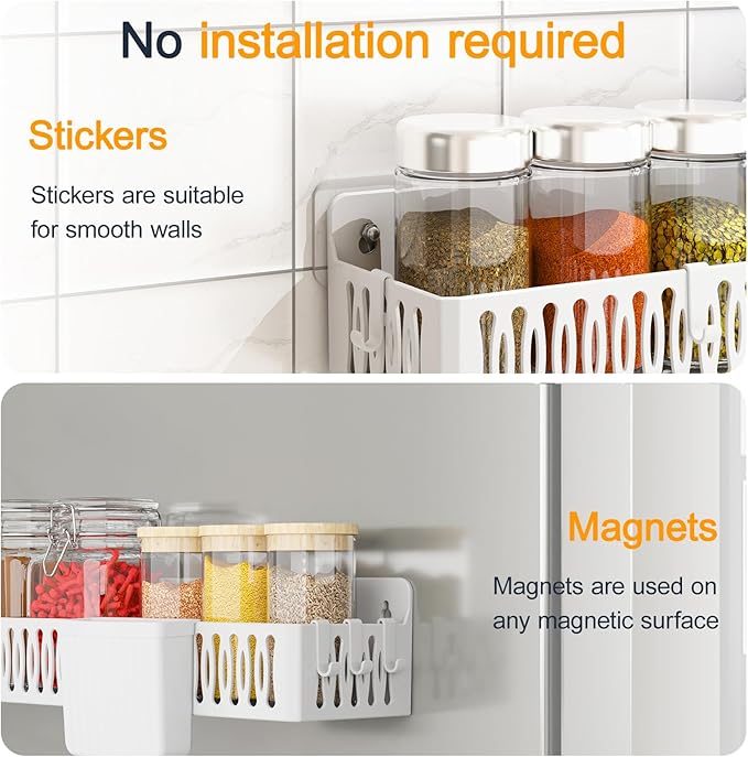 4 Pack Large Magnetic Spice Rack for Refrigerator, Spice Rack Organizer, Moveable Magnetic Shelf Fridge Organizer with 4 Hooks for Kitchen and Oven Organization, White
