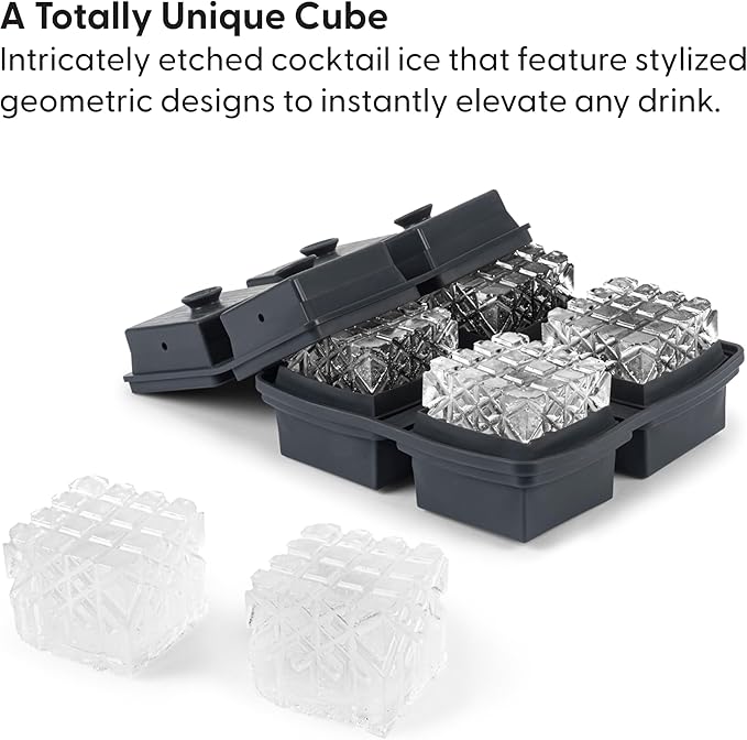 W&P Crystal Ice Tray, Perfect Etched Large Cubes, Slow Melting for Whiskey and Cocktails, Food Grade Premium Silicone, Dishwasher Safe, BPA Free Charcoal