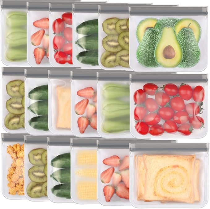 Lerine 18 Pack Reusable Sandwich Bags Dishwasher Safe, BPA Free Food Storag Bags, Extra Thick Leakproof Reusable Quart Freezer Bags for Cereal, Lunch, Vegetables, Fruits