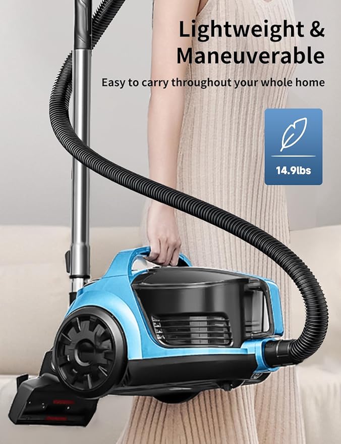 Canister Vacuums 45Kpa 1600W Canister Vacuum Cleaners for Home Double HEPA Filter 4.5Qt Bagless Vacuum Cleaner Lightweight Canister Vacuum Cleaner for Hard Floors Carpet Pet Upholstery Tiles Car Blue
