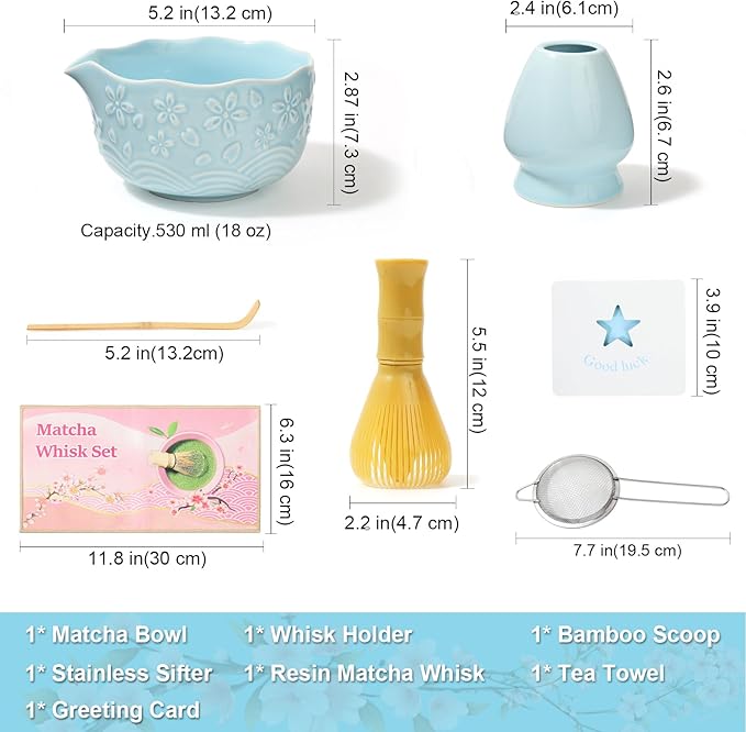 6pcs Matcha Whisk Set Includes Resin Matcha Whisk,Ceramic Matcha Bowl Set and Sifter,Matcha Whisks Holder,Natural Bamboo Spoon and Tea Towel for Matcha Starter Kit Lovers (Blue)