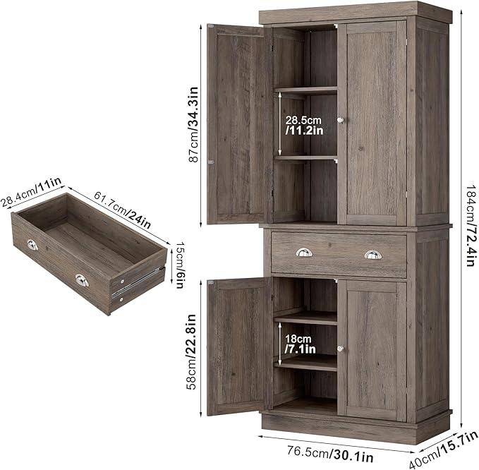 FOTOSOK 72" Kitchen Pantry Storage Cabinets with Drawer, Freestanding Cupboard with 4 Doors, Drawer, 4 Shelves, Utility Pantry Cabinet for Kitchen, Dining Room, Living Room, Ash Grey