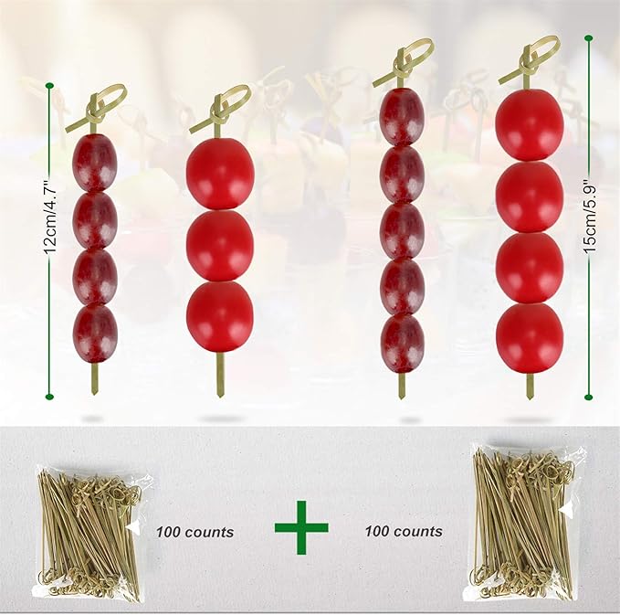 Minisland 200 Pcs Premium Bamboo Cocktail Toothpicks 4.7 and 6 Inch Long Knotted Skewers for Fruit Kabobs, Appetizers, Sandwiches, Drinks -MSL137