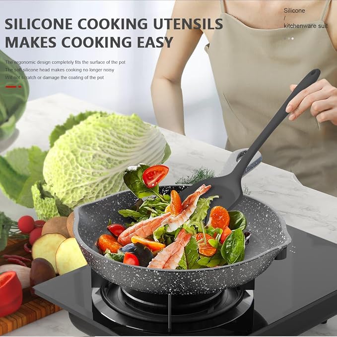 Silicone Cooking Utensils Set - 446°F Heat Resistant Kitchen Utensils,Spatula Sets,Turner Tongs,Spoon,Kitchen Utensil Gadgets Tools Set for Nonstick Cookware,Dishwasher Safe BPA Free (Gray)
