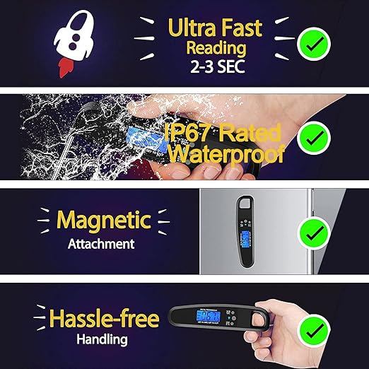 Meat Thermometer Digital, IP67 Waterproof Cooking Thermometer with Backlight & Hold Function, Instant Read Food Thermometer for Cooking, Outdoor Grilling, Candy Making (Black)
