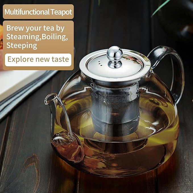 40OZ (1200ML) Glass Teapot with Infuser Stovetop Safe, Clear Glass Tea Pot Kettle, Borosilicate Tea Pot with Infusers Filter for Loose Tea, Tea Kettle Dishwasher Safe (Black)