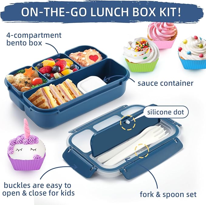 QQKO Bento Box Adult Lunch Box, Lunch Containers for Adults Men Women, Kids Lunch Boxes for School with 4 Compartments, Sauce Container, Utensils and Muffin Cups, Navy