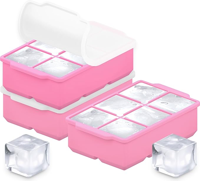 KitchFort Large Silicone Ice Cube Tray (3-Pack), Easy Release 2" Big Ice Cubes - Cocktail, Whiskey Ice Cubes Mold - Ice Trays for Freezer with Lid - Stackable Silicone Ice Tray - Pink